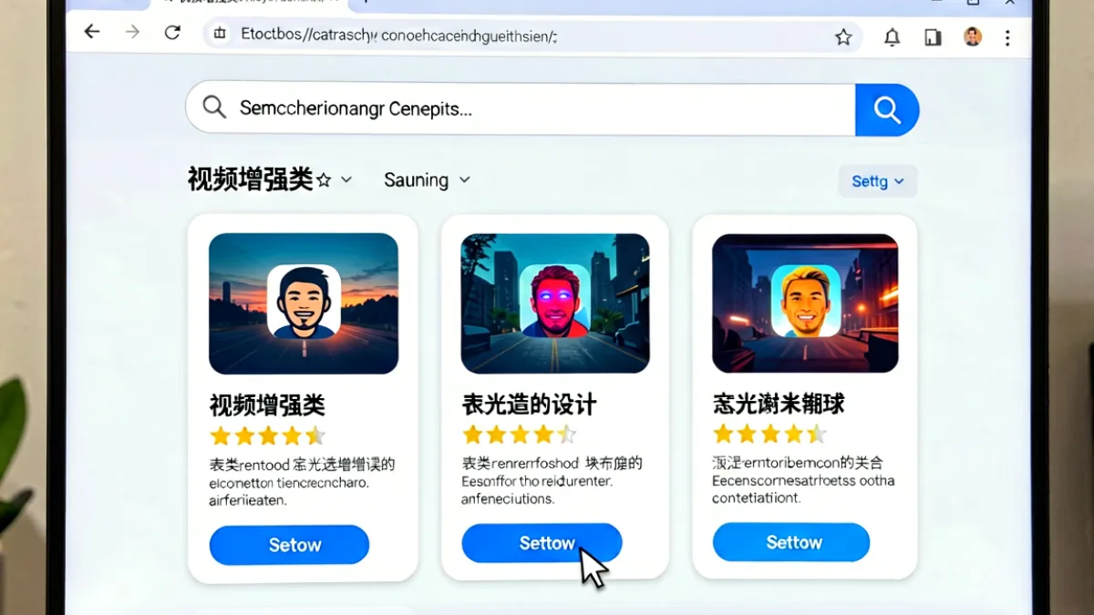 浏览器安装去广告插件的操作步骤截图，显示插件商店搜索栏中输入了视频增强插件关键词，下方列出三个评分较高的候选插件
